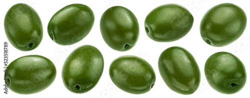 Green olives collection isolated on white background