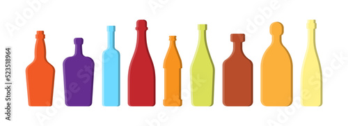 Set drinks. Alcoholic bottle. Whiskey liquor vodka red wine beer vermouth rum tequila champagne. Simple shape isolated with shadow and light. Colored illustration on white background. Flat style