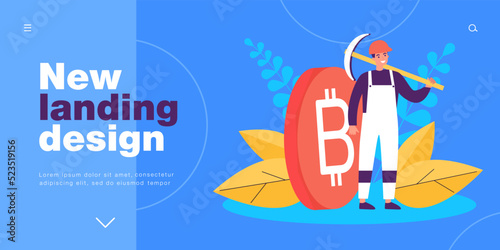 Tiny crypto miner standing with pickaxe in hand and bitcoin. Man mining cryptocurrency flat vector illustration. Digital money, wallet, finance concept for banner, website design or landing web page