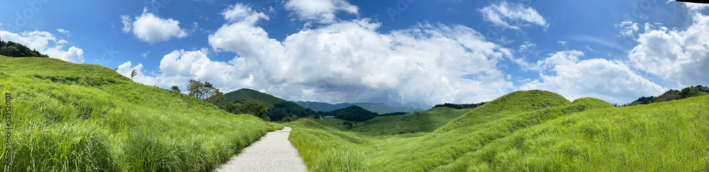 山頂から望む真っ青な空と雲と草原　パノラマ背景素材