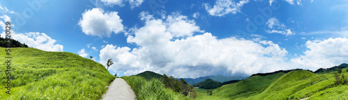山頂から望む真っ青な空と雲と草原 パノラマ背景素材