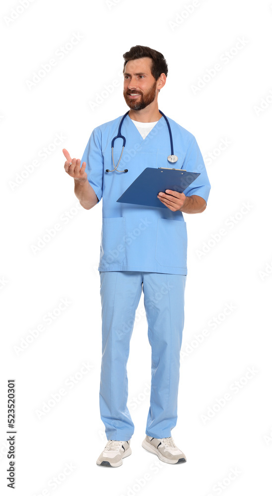 Full length portrait of doctor with clipboard on white background Full length portrait of doctor with clipboard on white background