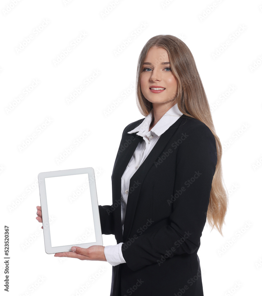 Portrait of young hostess in uniform on white background Portrait of young hostess in uniform on white background