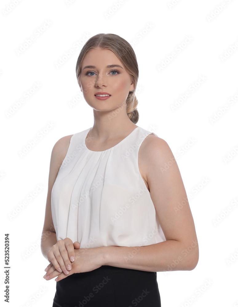 Portrait of young hostess in uniform on white background Portrait of young hostess in uniform on white background
