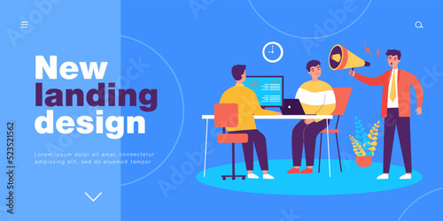 Loud shout from angry boss to working employees. Male employer holding megaphone flat vector illustration. Work problem, conflict, stress concept for banner, website design or landing web page