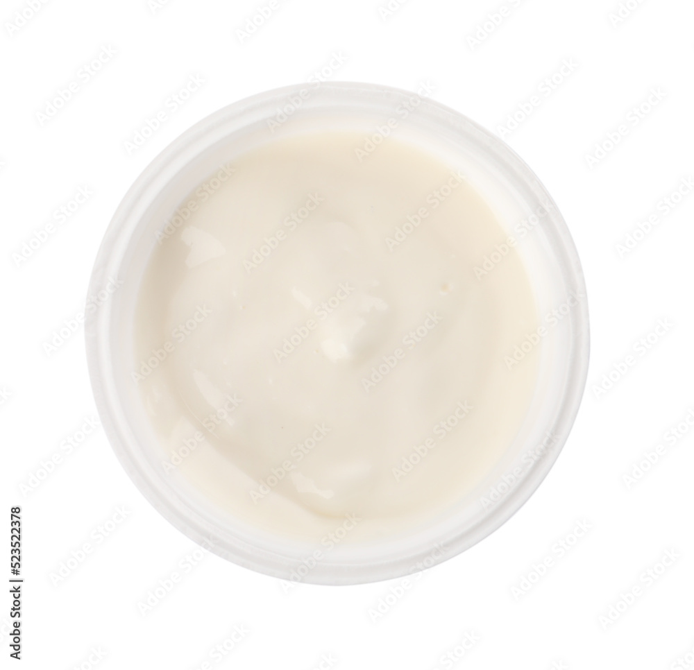 Plastic cup with delicious organic yogurt isolated on white, top view Plastic cup with delicious organic yogurt isolated on white, top view