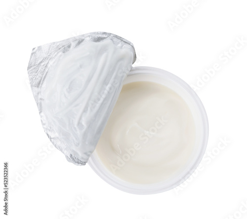 Plastic cup with delicious organic yogurt isolated on white, top view