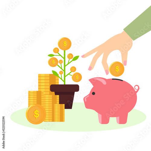 A woman puts money in a piggy bank. The topic of finance and money saving.