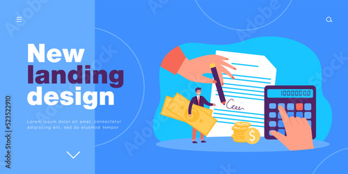 Tiny businessman receiving money for deal. Hands signing contract, counting payment on calculator flat vector illustration. Financial agreement concept for banner, website design or landing web page
