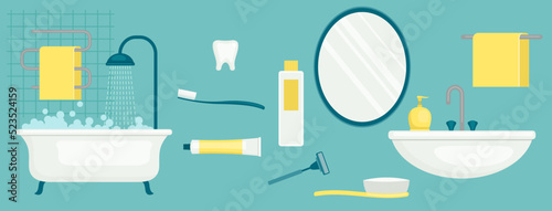 Personal hygiene concept art. Bathroom interior flat vector illustration. Showering, taking a bath, brushing teeth, washing hands, brushing hair, shaving.