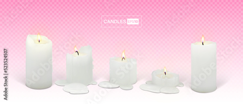 Set of realistic burning white candles on a transparent background. 3d candles with melting wax, flame and halo of light. Vector illustration with mesh gradients. EPS10.