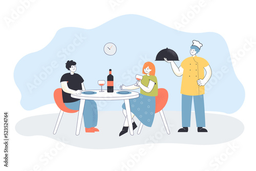 Chef serving food tray to couple in restaurant. Man and woman sitting at table, drinking wine flat vector illustration. Catering service concept for banner, website design or landing web page