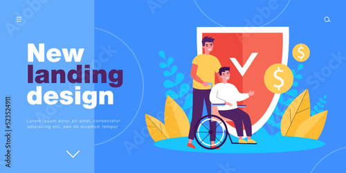 Welfare and money savings protection for people with disability. Man sitting in wheelchair near shield flat vector illustration. Pension concept for banner, website design or landing web page