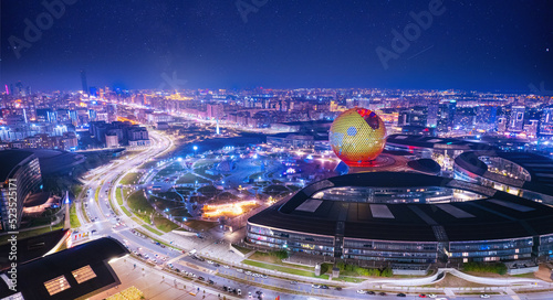 Nur-Sultan, Kazakhstan - August 8, 2022: main building of Expo 2017 in Astana, Exhibition Complex - Nur Alem Aerial drone view photo