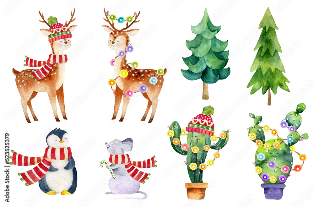 Obraz premium Watercolor winter animal illustration. Reindeer and penguin graphics. Christmas Village graphics with snowflakes, Christmas decor, fur tree Christmas deer, mouse, penguin clipart. Holiday graphics