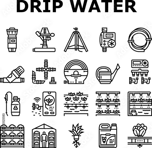 water system irrigation sprinker icons set vector. garden agriculture farm, drip field, automatic pipe, lawn spray, plant pump irrigate water system irrigation sprinker black contour illustrations