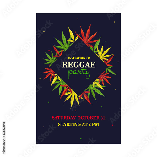 Party invitation design with natural ganja. Trendy big holiday invitations with text. Celebration and legal drug concept. Template for leaflet, banner or flyer