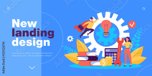 Work of business team on implementation and development of idea. Tiny woman standing with light bulb, gears flat vector illustration. Project concept for banner, website design or landing web page