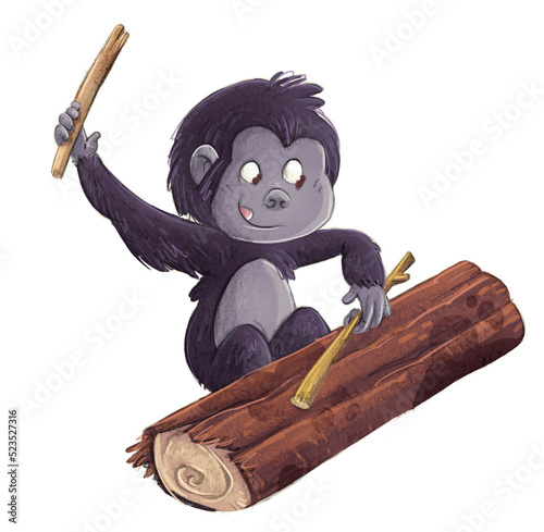 Ilustración del bebé gorila haciendo música con un tronco y ramas photo