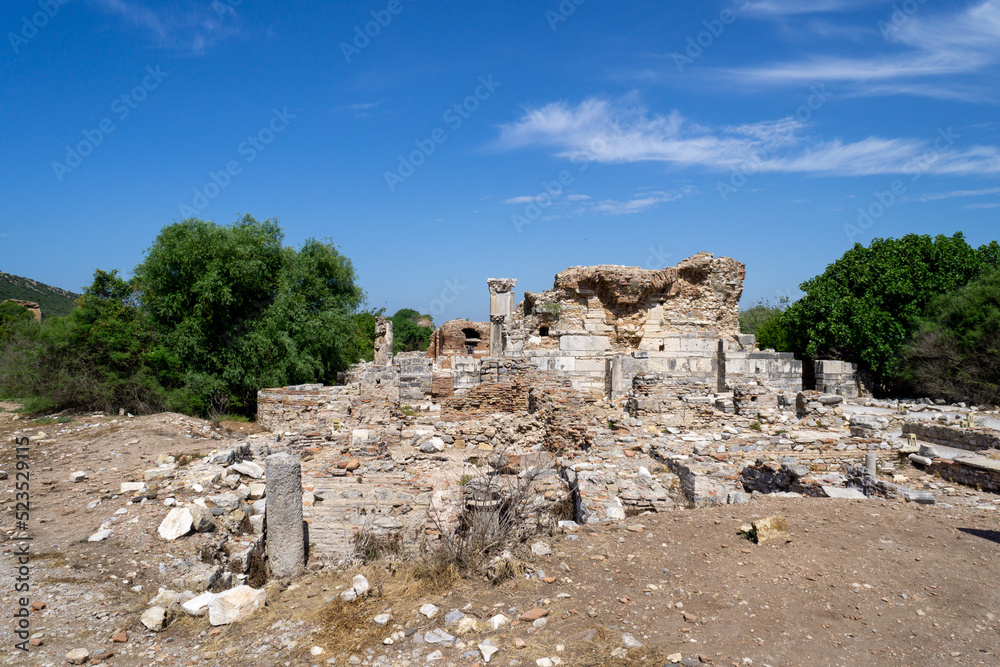Ruins of Temples in the ancient city of Ephesus, on a sunny day.