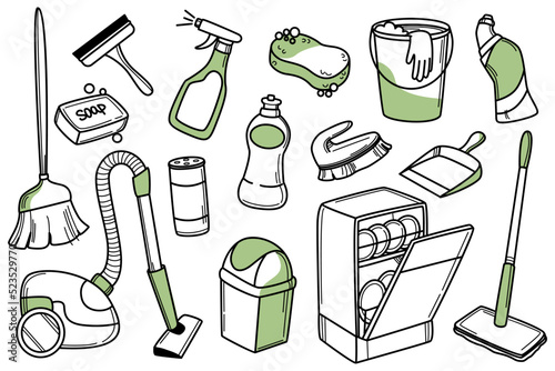 Cleaning supplies doodle icons. Hand drawn set of detergents, household tools for clean, sponge, vacuum cleaner, spray bottle, floor mop, broom, bucket and dishwasher. Equipment for housework concept.