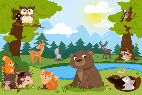 Cartoon forest animals in wild nature. Natural landscape with lake  cute bear  squirrel  fox  wildlife wolf and deer. Hare hole  woodpecker hollow and birds on trees. Woodland burrow with hedgehog.
