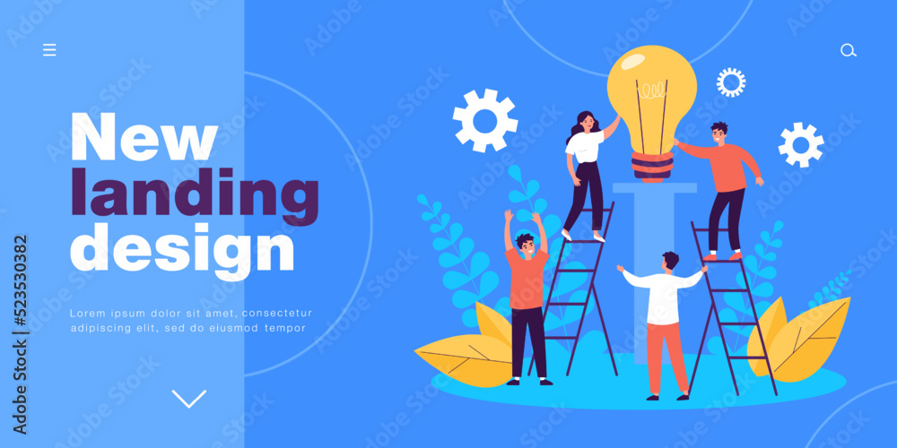 Teamwork of tiny people with insight idea. Brainstorm of male and female employees with light bulb flat vector illustration. Innovation, success concept for banner, website design or landing web page