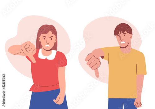 Disappointed couple man and woman with thumb down. A gesture of disapproval. Negative emotion of the person. disliked. flat vector