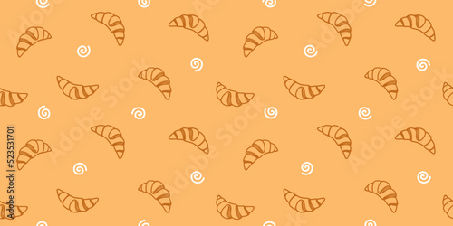 Brown decorative croissants and white spirals on a peach color background. Endless texture with French pastry. Vector seamless pattern for bakery, store, packaging, wrapper, surface texture and print