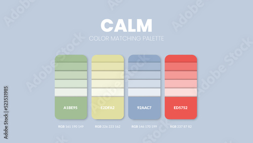 Calm color guide book cards samples. Color theme palettes or color schemes collection. Colour combinations in RGB or HEX. Set of trend color swatch cataloque inspiration for fashion or design.