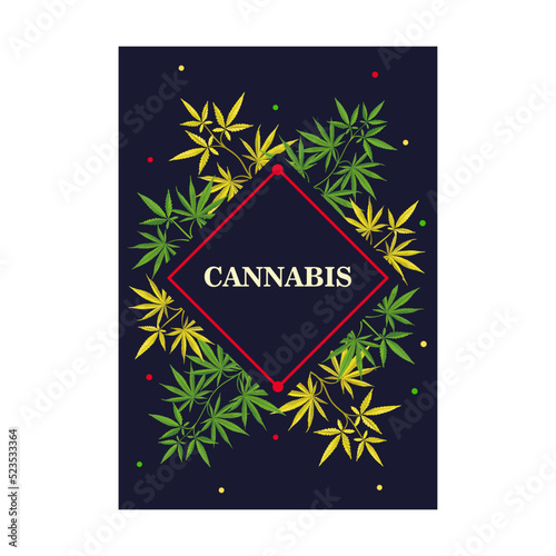 Advertising leaflet designs with marihuana plant. Brochure with cannabis leaves on dark background. Naturalness and legal drug concept. Template for promotional posters or flyer