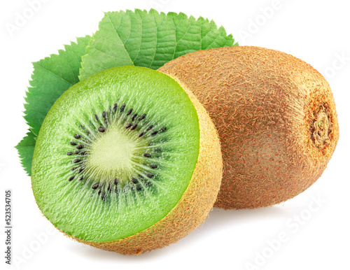 Fototapeta Kiwi fruit, kiwi slice and leaves isolated on white background.