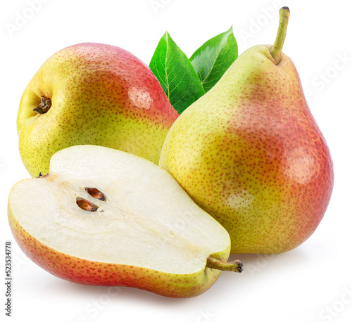 Ripe pears with green leaf isolated on white background. photo