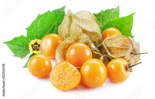 Ripe physalis or golden berry fruits with leaves and flower isolated on white background. photo