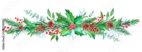松毬、もみの枝、西洋柊などのクリスマス装飾の水彩イラスト。横長。（透過背景） 