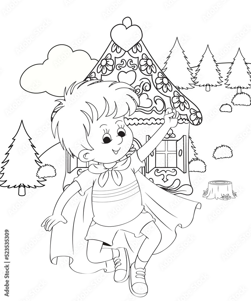 Fototapeta premium cute little fairy coloring Page Outline hand-painted in cartoon style Of little boy with mountains and landscape