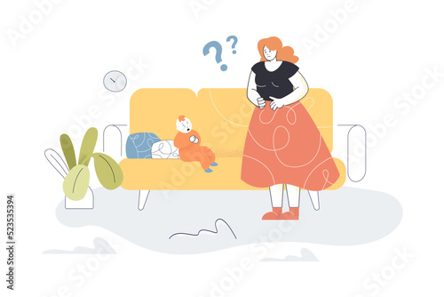 Sad young mother standing near crying baby. Depressed tired woman with question mark with flat vector illustration. Postpartum depression, family concept for banner, website design or landing web page