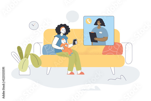 Video call from mother with sick baby to doctor. Woman with kid sitting on sofa, talking with pediatrician flat vector illustration. Telemedicine concept for banner, website design or landing web page
