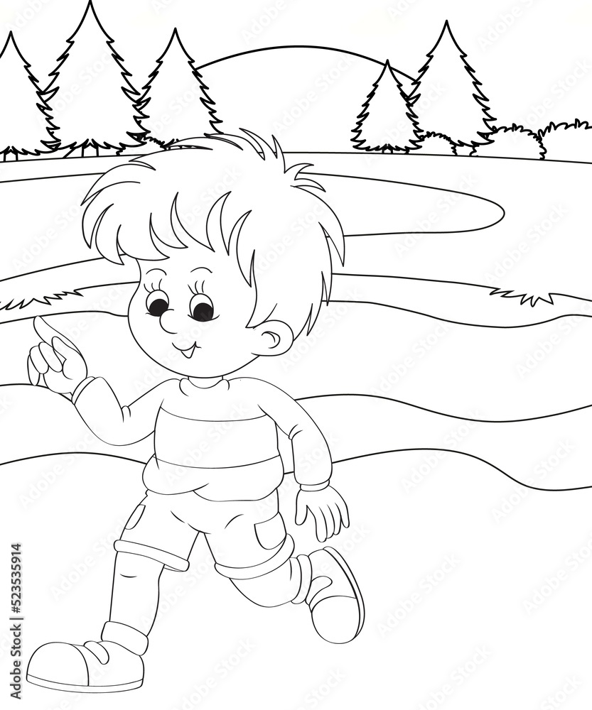 Obraz premium Coloring Page Outline hand-painted in cartoon style Of little boy with mountains and Dinosaur, Coloring Book or pages to color for kids,