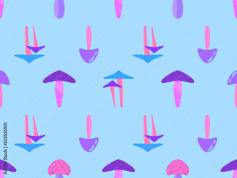 Seamless pattern with mushrooms. Various mushrooms. Wallpaper with purple and turquoise mushrooms. Design for banners and promotional items. Vector illustration