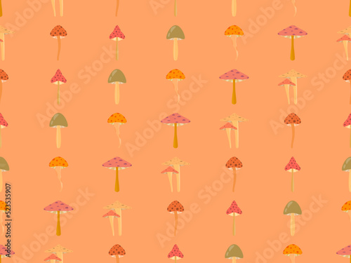 Mushrooms seamless pattern. Various mushrooms, edible and toadstools. Poisonous mushrooms and hallucinogenic fly agaric. Design for banners and promotional items. Vector illustration