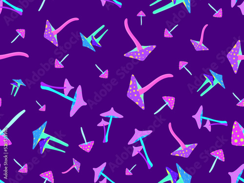 Psychedelic mushrooms seamless pattern. Acid trip, bright colorful mushrooms in the style of the 80s. Trippy magic mushrooms. Design for posters, banners and promotional items. Vector illustration