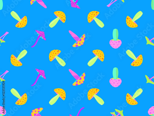 Psychedelic mushrooms seamless pattern. Acid trip, bright colorful mushrooms in the style of the 80s. Trippy magic mushrooms. Design for posters, banners and promotional items. Vector illustration