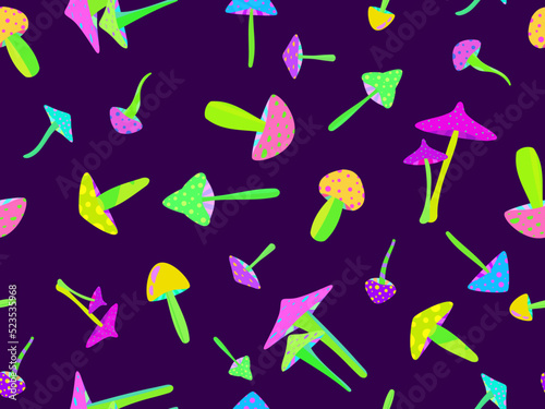Psychedelic mushrooms seamless pattern. Acid trip, bright colorful mushrooms in the style of the 80s. Trippy magic mushrooms. Design for posters, banners and promotional items. Vector illustration
