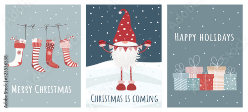 Set of Christmas and New Year greeting cards. Can be used for labels, congratulations, gift bag design, invitations, stickers.