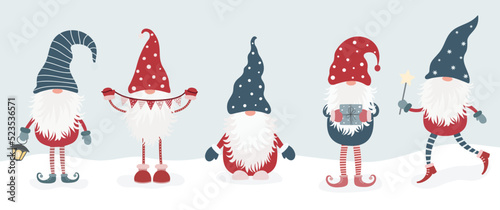 Set of cute christmas scandinavian gnomes isolated on white background. Vector illustration in flat cartoon style.