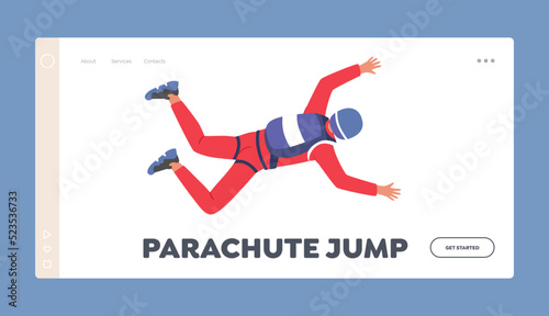 Parachute Jump Landing Page Template. Paragliding Extreme Activities. Skydiver Character Jumping and Soaring in Sky