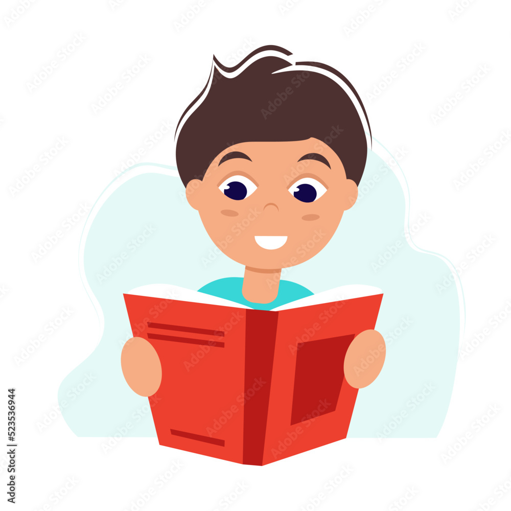 Boy reading book. Back to school. Love reading concept. Template for banner, postcard, card, invitation. Vector Illustration in flat style. Boy reading book. Back to school. Love reading concept. Template for banner, postcard, card, invitation. Vector Illustration in flat style.
