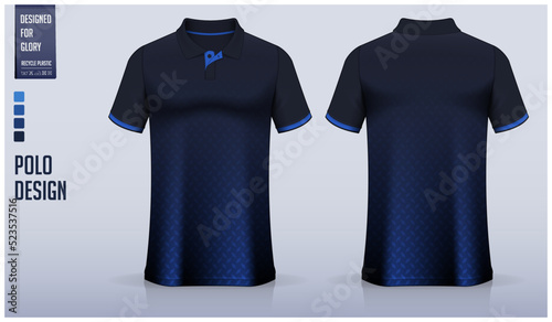 Blue polo shirt mockup template design for soccer jersey, football kit, golf, tennis, sportswear. Metal pattern.