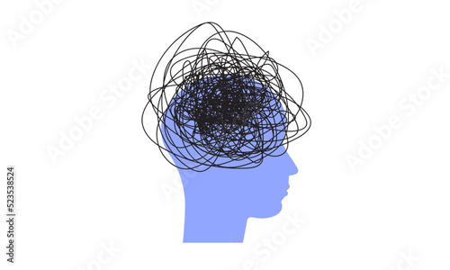 Head profile with cloud. Problem, stress, anxiety, mental health concept. Confused, anxious, stressed brain. Pessimistic, negative thoughts. suffering. Emotional crisis Depressed. Vector illustration